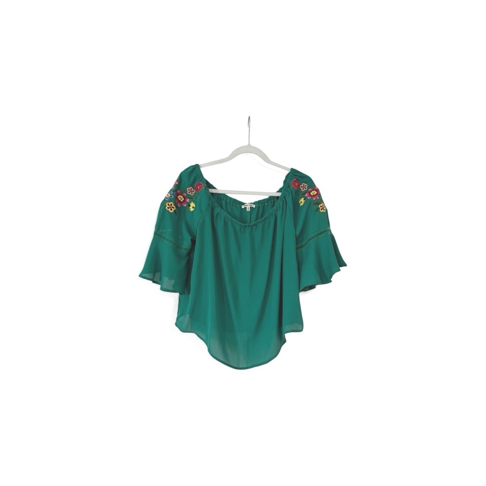 Bleuh Ciel Womens‎ Green Floral Embroidered Off Shoulder Bell Sleeve Blouse